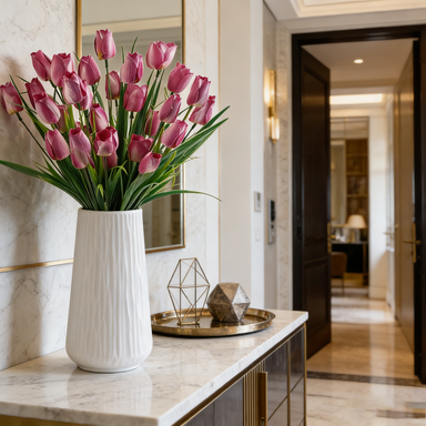 Yuejia 4Pcs 15.25in/38.73cmOutdoor Artificial Tulips Fake Flowers Faux Plastic Greenery Shrubs Plants for Home Outside Garden Porch Window Farmhouse Decor