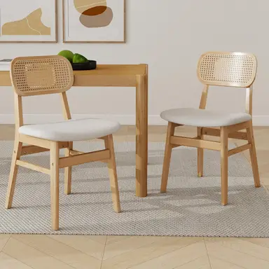 chairus Rattan Dining Chairs Set of 2 Kitchen Side Chairs with Wood Legs for Dining Room, Faux Fur Beige