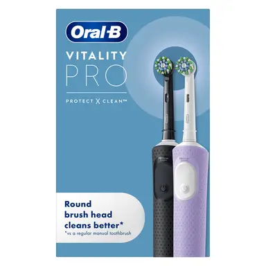 Oral‑B Vitality Pro Electric Toothbrushes Duo Pack, 3 Modes, Round Brush Head, 4×30s Timer, Black&Purple