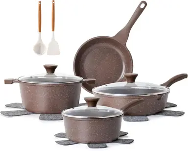 SENSARTE 13-Piece Non-Stick Cookware Set, Healthy Cookware Set, Toxic-Free Kitchen Cooking Set, Granite Coating, Cool-Touch Handles, Silicone Cookware Accessories & Pot Protectors, PFOA-Free