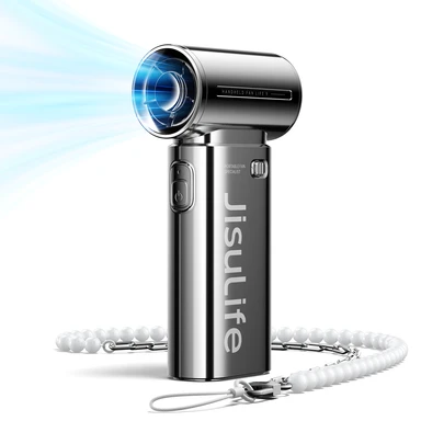 JISULIFE Portable Handheld Fan Life 9, 5000mAh Rechargeable, Turbo Power High Speed Air, Max 18Hrs, 5 Gear Wind, Mini Pocket Design, Silver