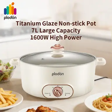 Plodon 1600W 7L Large Multifuntional All-in-One Electric Hot Pot Non-Stick Cooking Pot Slow Cooker for Stir-frying Simmering [UK Plug]
