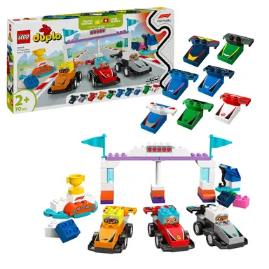 LEGO DUPLO 10445 Town F1 Team Rennautos mit Rennfahrern - Montessori Spielzeug für Mädchen & Jungen - Lernspielzeug für Kinder ab 2 Jahren - 10 Spielzeug Autos mit Kran, Startlichtern, Siegerpodest