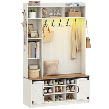 HaluPeit kapstok met bank, kapstok met LED-verlichting, kledingrek, verstelbare planken, 15 open vakken, 7 haken, voor gangen, 40,3 x 120 x 191 cm, wit en bruin