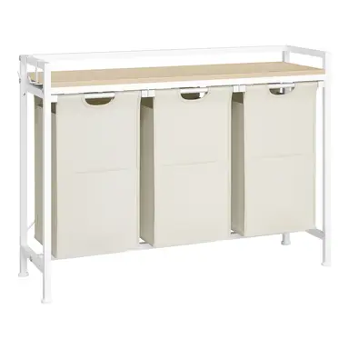 WOLTU Wäschekorb mit 3 Fächern, je 40 L, Wäschesortierer mit Regal, Metallrahmen, Oxford Stoff Wäschesack, Ausziehbar und Abnehmbar, Weiß