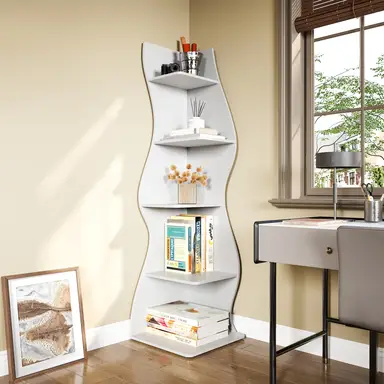 Tribesigns Corner Shelf, Modern 5-Tier Wall Corner Bookshelf, Stylish Corner Small Bookcase Storage Rack Plant Stand with Unique Shape for Living Room, Home Office (White, 1PC)