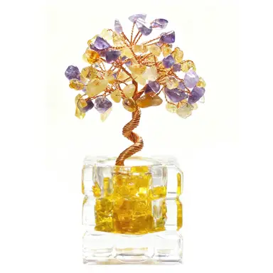 JU7CER 1 Stück Citrin-Baum mit Schatzschale Teetasse - Natürlicher Kristall-Chip-Geldbaum, Mischung aus Amethyst- und Gelbkristall-Dekoration, Wohlstandsbaum-Ornament für Büro, Zuhause & Hochzeitsdekoration, Weihnachts-Must-Have