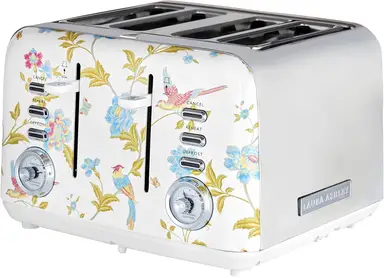 VQ Laura Ashley Retro 4 Slice Toaster, Warming Rack, Wide Slots, Hand-Applied Elveden White Print, Vintage, Stainless Steel, Floral - VQSBT583WSUK