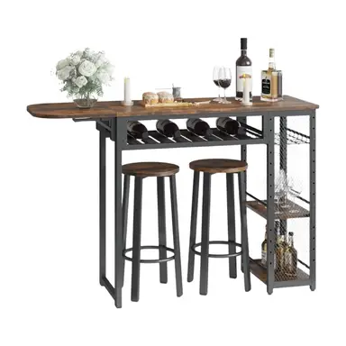 Bestier ausziehbarer Küchentisch mit 2 Hockern – Industrielles Bartisch-Set mit Weinglashalter und Ablagefach – 140 × 40 × 91 cm – Geeignet für Küche, Bar, Bistro & Wohnzimmer