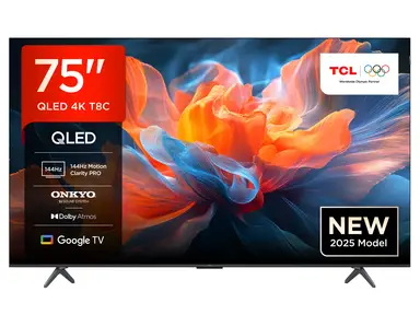 TCL 75T8C 75 Zoll QLED 4K HDR UHD Fernseher, Smart Google TV Dolby Vision Atmos,144Hz Motion Clarity Pro, Game Bar, ALLM, FreeSync, Onkyo 2.1 Sound,Sprachsteuerung, Kompatibel mit Google Assistant