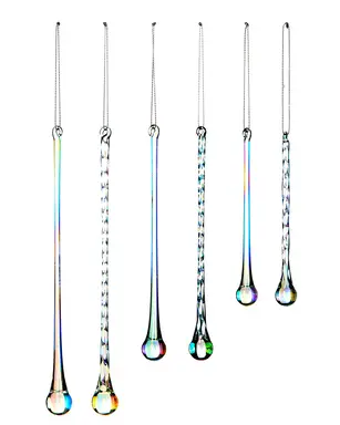 WeRChristmas Iridescent Teardrop Glass Icicles – Set of 6 Christmas Tree Decorations, 15–25cm – Spiral & Smooth Designs