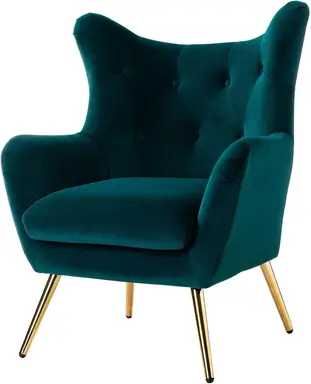 HULALA HOME Comfortable Armchair, Upholstered Wingback Chair with Gold Metal Legs, Comfortable Velvet Reading Chair, Lounge Chair for Living Room and Bedroom, Dark Green