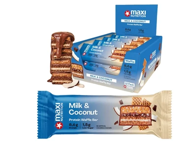 Maxi Nutrition Milch- & Kokosnuss-Proteinwaffelriegel, 12 Eiweißriegel x 40 g, ohne Zuckerzusatz
