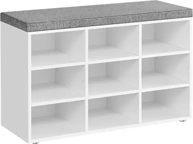VASAGLE Schuhbank, Schuhregal mit Sitzfläche, Sitzbank mit Stauraum, Kissen, 9 Fächer, Verstellbare Ablagen, für Wohnzimmer, Flur, 30,3 x 78,5 x 48 cm, Wolkenweiß-Tauben Grau LHS009W14