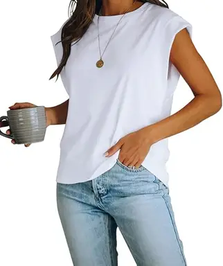 Women's Cap Sleeve Tank Top Crew Neck T Shirts Loose Fit Basic Summer Casual Tee Tops (white, M)