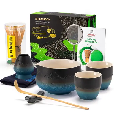 TEANAGOO Matcha Set Matcha Whisk Matcha Bowl with Pouring Spout Scoop Matcha Whisk Holder Tea Making Kit. Japanese Tea Set (7pcs) + 2Cups(5.6oz),S33,Gradient Navy Black,Color Box Packing, New Year Sale , Top gift picks