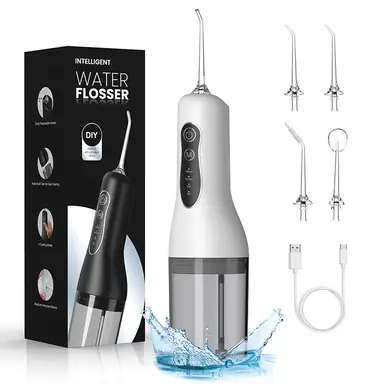 Sunluxy Portable Wireless Water Flosser – 140PSI High-pressure Pulsed Water Stream, 4 Modes, 260ml Detachable Tank, 50-Day Battery Life, Smart Memory Function, Equipped with 3 Types of Nozzles, Lightweight Design for Travel, L5 White