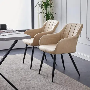 CLIPOP Faux Leather Dining Chairs Set of 2, Lounge Reception Chairs with Arms and Metal Legs, Padded Accent Armchair for Kitchen Dining Room, Living Room Corner Bedroom 067 pu cream 55*60*82.5 cm