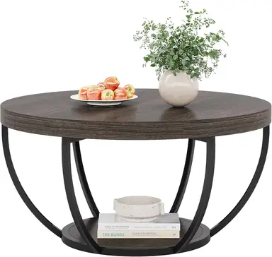 Tribesigns Wooden Coffee Table, 2-Tier Round Central Cocktail Table with Shelves