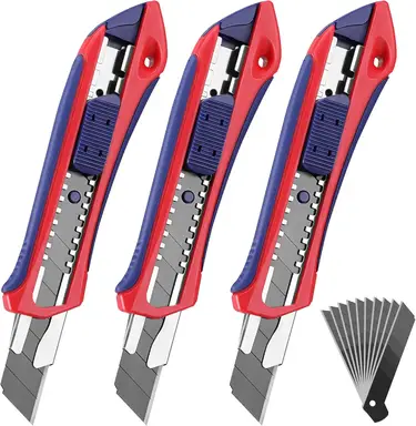 WORKPRO Set of 3 Cutter Knife Set 18 mm with 10 Replacement Blades Made of SK5, Professional Cutter Knife with Rubber Handle, Snap Off Blade, Cardboard Knife, Multi-Purpose Knife, Cutting to Paper,