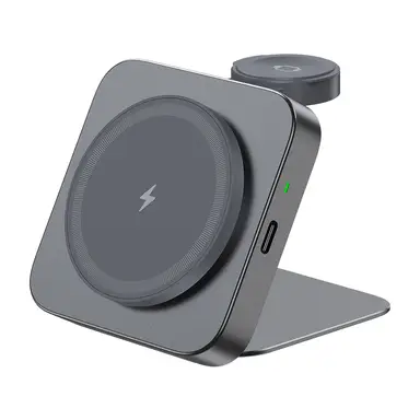 Rexsun 2 in 1 Foldable Magnetic Wireless Charging Station for MagSafe, Aluminum Alloy Wireless Charger Stand, Travel Size for iPhone 16/15/14/13/12, Apple Watch, T15, Grey