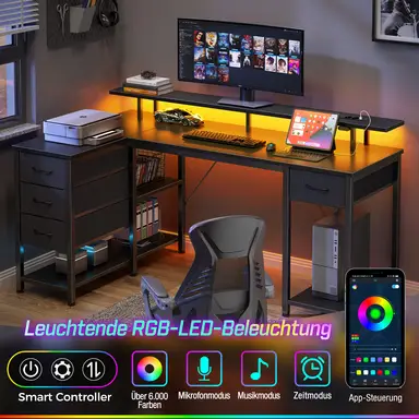 Computer-Schreibtisch mit USB-Anschlüssen, Stromanschlüssen, LED-Beleuchtung, Schubladen & Ablagefach, umkehrbarer Eck-Gaming-Schreibtisch mit Monitorablage & Stauraum für das Home-Office