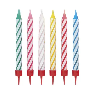 Unique Party Birthday Candles, Striped in Holders, 12 Pack