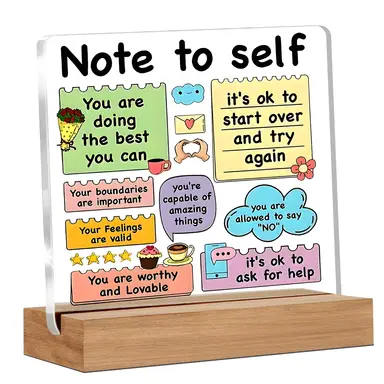 Alphynix 1pc "Note to Self" Acrylic Plaque, Wood Base Stand with Colorful Affirmations like "You are worthy" & "It's ok to ask for help", Mental Wellness Desk Decor