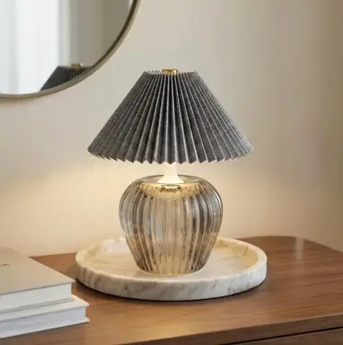 Candlelight Table Lamp Vintage Pleated Shade LED Grey H:19.5cm