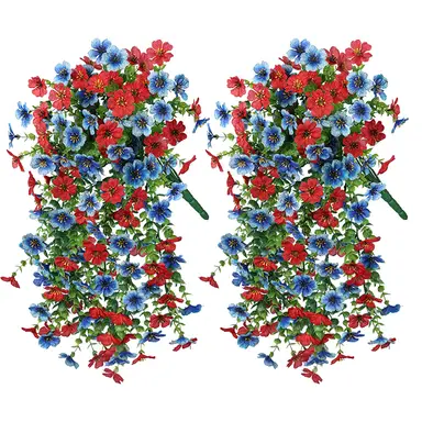 4Pcs 29.5in/75cm
Artificial Faux Hanging Flowers Plants for Outdoor Decor Outside Fake Mums Violets with Eucalyptus Realistic Daisy Trailing Vines for Yard Balcony Porch Decor(red&blue)