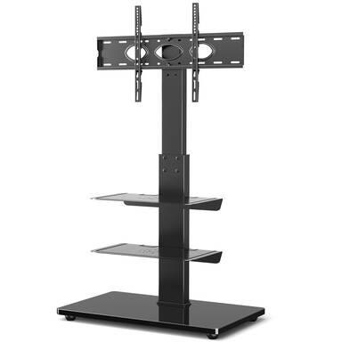 Wooden Base Floor TV Stand with mount for 32-75 Inch LED OLED LCD Plasma Flat Curved Screens, Height Adjustable with 3-Tier Shelves, Max VESA 600x400mm hold up to 50KG, White