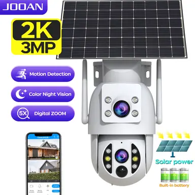 JOOAN Solar Cameras Outdoor Wireless for Home Security, 2K Dual Lens WiFi Camera 360° View 9000mah Battery Powered PIR Human Detect Alert Alarm Record, Spotlight Color Night,Cloud/Card Record