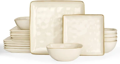 Richmount Ozean Serie Geschirrset - 18-teiliges quadratisches Keramikset für 6 Personen - Enthält Essteller/Salatteller/Müslischalen - Spülmaschinen- und Mikrowellengeeignet - Beige