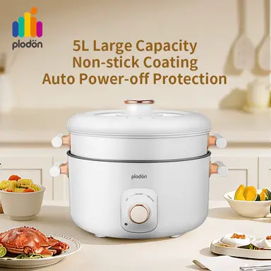 Plodon 1200W 5L Multifunctional Electric Hot Pot with Steamer Non-stick Cooking Pot Slow Cooker with Dual Power Control for Stir Fry Stew Steam Hot pot [UK Plug]