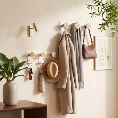 eSituro 2 Reihen Wandhaken mit 6 Haken, 58 cm, Wandhaken für Flur, Garderobenhaken, Wandkleiderbügel, für Eingangsbereich und Schlafzimmer, Weiß+Silber | Heimaufbewahrung