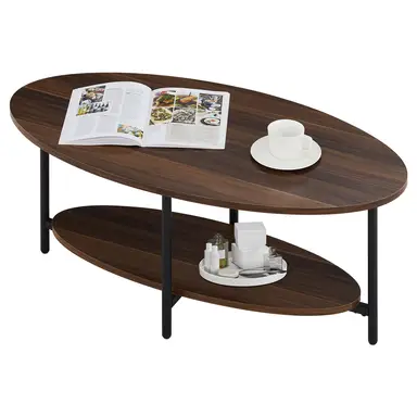 CLIPOP Oval Coffee Table with Open Storage Shelf, 2-Tier Wooden Tea Table, Industrial Center Table with Metal Legs Rustic Brown