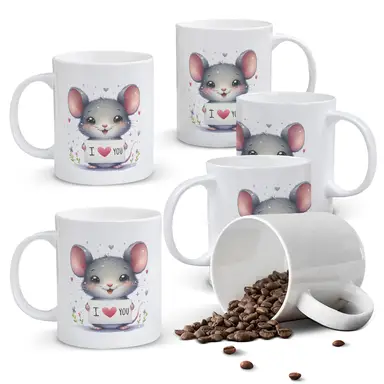 Alphynix 1pc Cute Gray Mouse Mug, 11oz Ceramic Cup with Adorable Rodent Holding "I Love You" Sign, Sweet Gift for Kids, Valentine‘s Day, Birthday