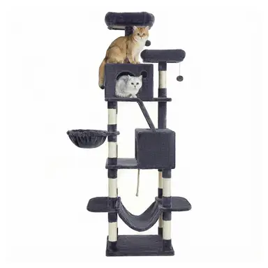 Arbre à chat hauteur 206 cm avec 13 griffoirs, 2 plateformes, 2 niches et panier, hamac, pompon - Gris anthracite