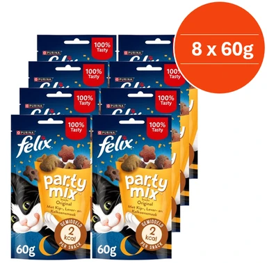 Felix Party Mix Original - Kattensnacks - Kattensnoepjes - Kip Kalkoen & Lever - 8 x 60 g