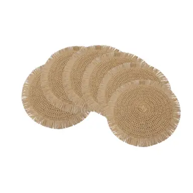 White Label Dragon bone paper grass tassel placematKhaki，6pcs Boho Natural paper 38cm Round Placemats with Fringe Detail - Farmhouse Table Mats for Dining,  Hand Wash Only, Solid Color paper, Boho Dining Decor Rustic Table Setting Handwoven paper, Boho Table Decor
