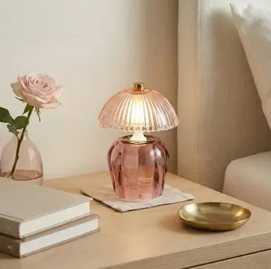 Candlelight Table Lamp Vintage Ridged Glass Shade LED Pink H:14.6cm