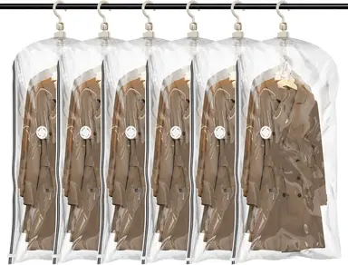 TAILI Hanging Vacuum Sealer Storage Space Saver Bags for Clothing, Suits and Jackets, Closet Organizers, 6 Pack Jumbo Clear