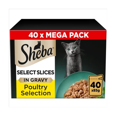 Sheba Select Slices Adult Cat Food Pouch Poultry Selection in Gravy Mega-Pack 40 x 85g