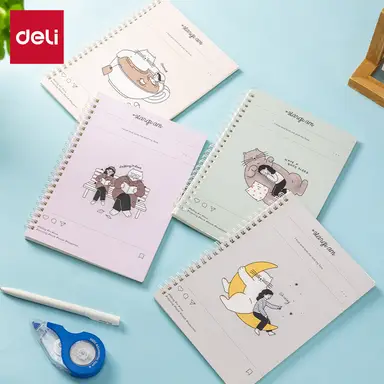 Deli Spiral Notebook, A5 (148x210mm), 80 Sheets/160 Pages, 70gsm - Perfect for Students, Office & Journaling，Meow Time Series，4-Pack