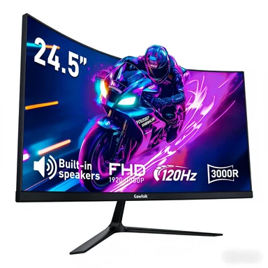 Gawfolk 24.5 Inch 1K FHD Curved Monitor, 120Hz High Refresh Rate, 1ms (MPRT) Response Time, 3000R Immersive Curvature, Built-in Speakers, AMD FreeSync, TUV Eye-Care, Anti-Glare, Low Input Lag, HDMI/DP, VESA Mount 75x75mm, Sleek Black