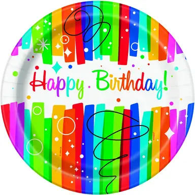 Unique Party Paper Plates, Rainbow Birthday, 22cm, 8 Pack