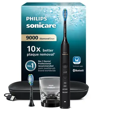Philips Sonicare  DiamondClean 9000 HX9913/18  Brosse à dents électrique avec application, capteur de pression, 4 modes de brossage, 3 niveaux d'intensité, verre de charge, coffret voyage USB - Noir
