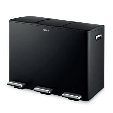 Tower Recycling Pedal Bin with Three Compartments, 45 L, Black