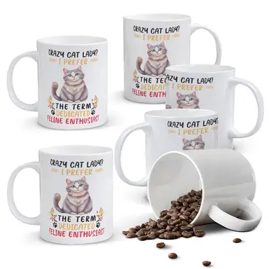 Alphynix 1pc 11oz White Mug with "Crazy Cat Lady? I Prefer Dedicated Feline Enthusiast" Quote, Funny Gift for Cat Lovers for Christmas or Thanksgiving