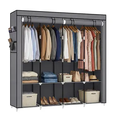 SONGMICSHOME Fabric Wardrobe, 170 x 45 x 167 cm, 4 Hanging Compartments, with Shelves, 4 Side Pockets, Plenty of Space, Grey